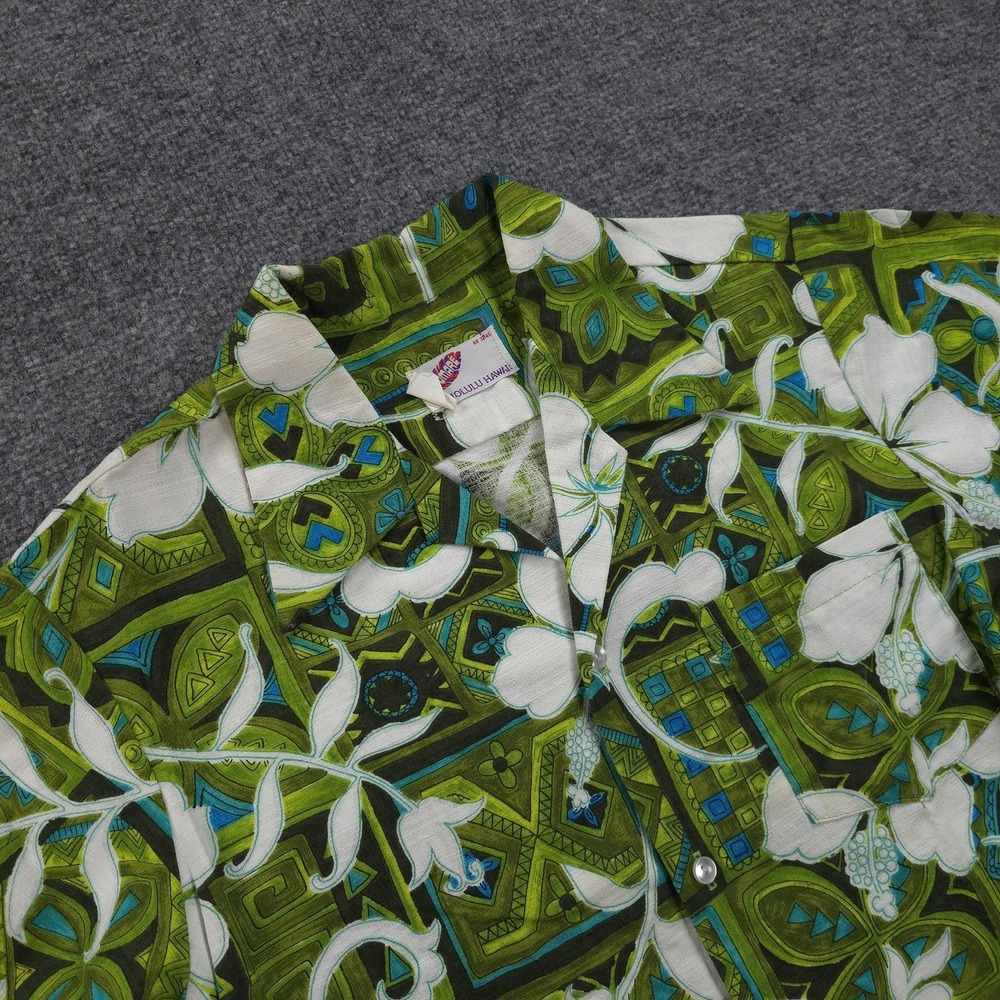 Vintage Pomare Shirt Mens Medium Green Floral Hawaiian Aloha Honolulu Hawaii 60s